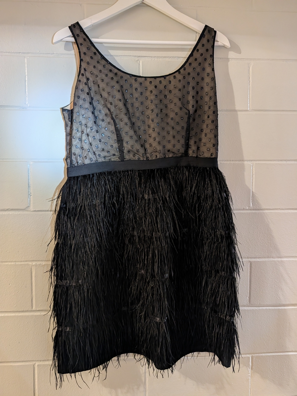 Black Feather-Trim Sheer Dot Cocktail Dress